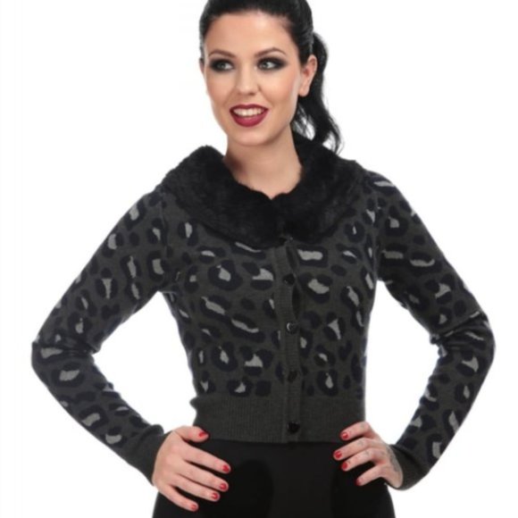 Collectif Sweaters - Collectif Pietra Leopard Cropped Cardigan Gray Blue Black Large